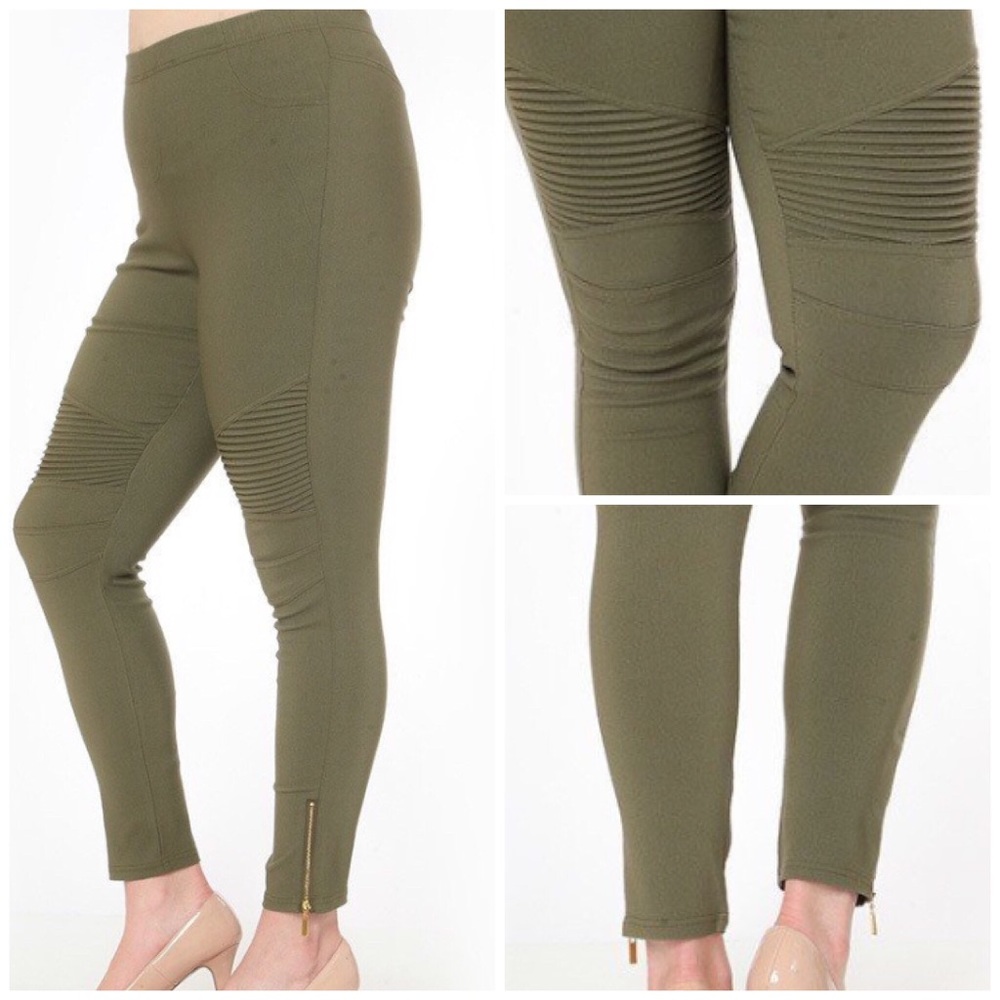 Olive Green Moto Plus Size Jeggings Leggings Woman